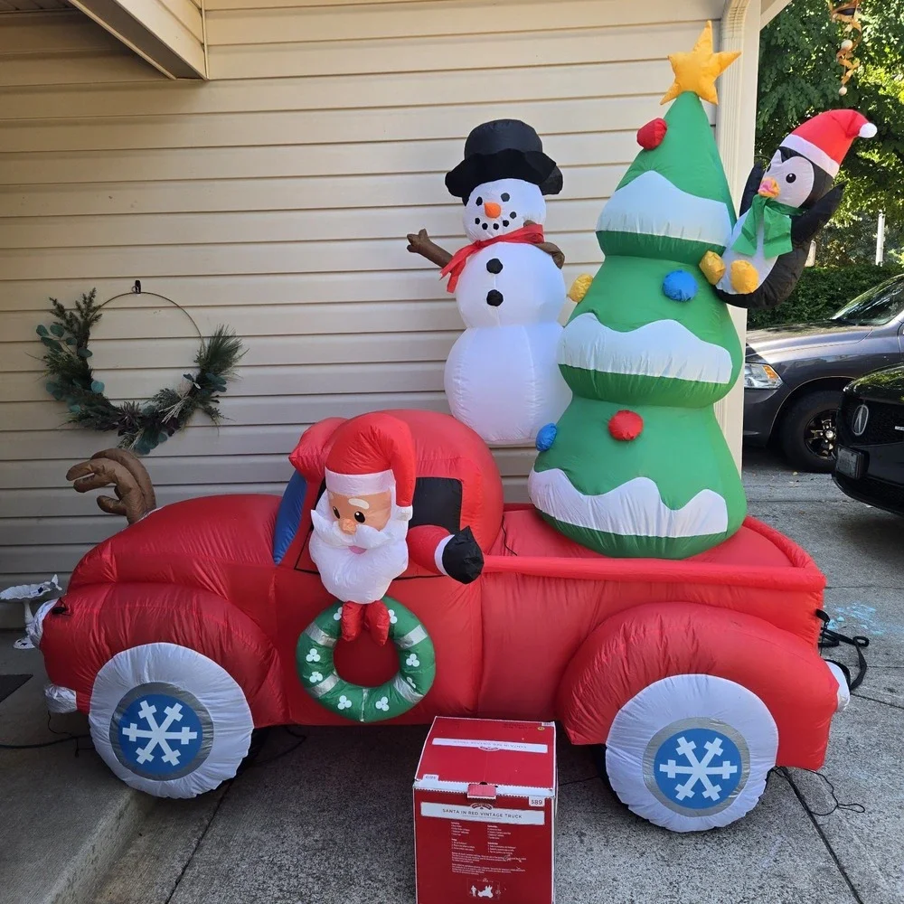 Gemmy Christmas 8 ft Tall Santa in Red Vintage Truck w/Tree Airblown Inflatable